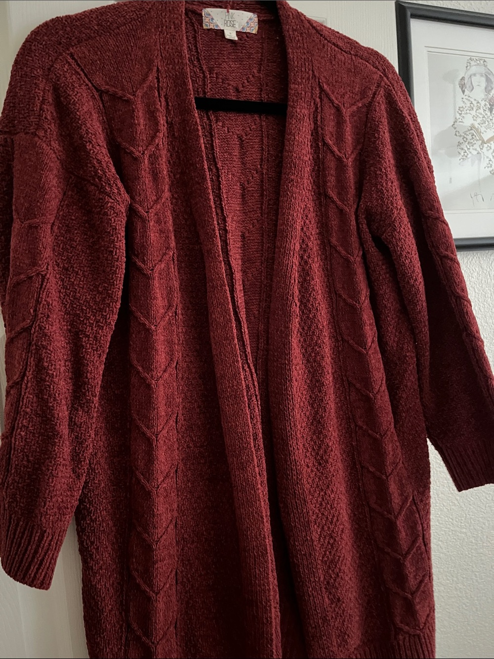 Pink Rose Open-Front Cable Knit Cardigan in Deep Rose Red